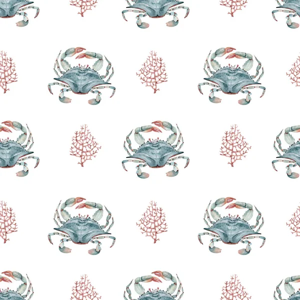 Sea Crabs Corals Seamless Pattern Watercolor Illustration White Background — Stock Photo, Image