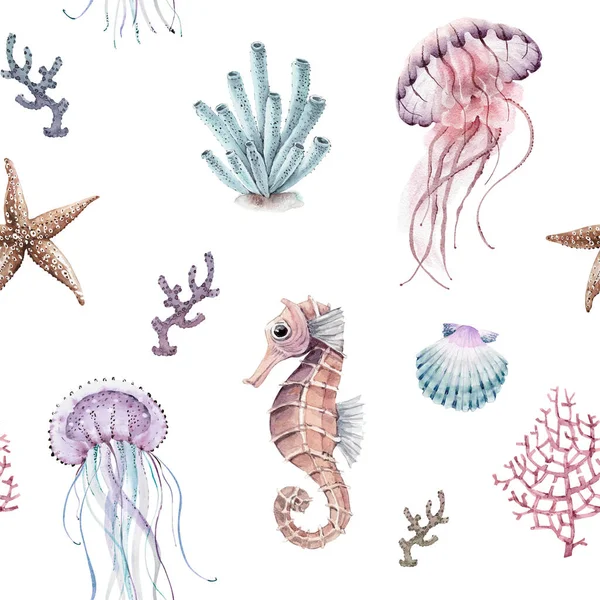 Seamless Pattern Watercolor Illustrations Jellyfish Corals Animals Marine Style White — Stock Photo, Image