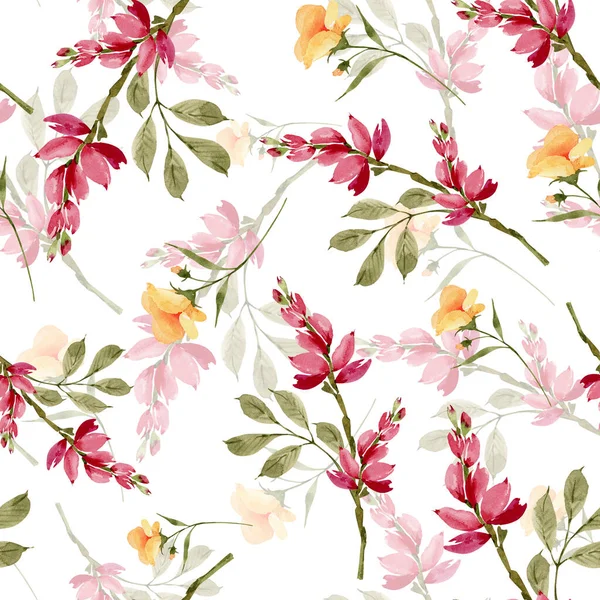 Sömlös Blommönster Med Rosa Och Gula Blommor Vit Bakgrund Handmålade — Stockfoto
