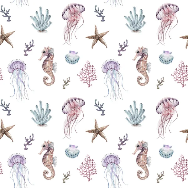 Zökkenőmentes Minta Akvarell Illusztrációk Medúza Korallok Állatok Tengeri Stílusban Fehér — Stock Fotó