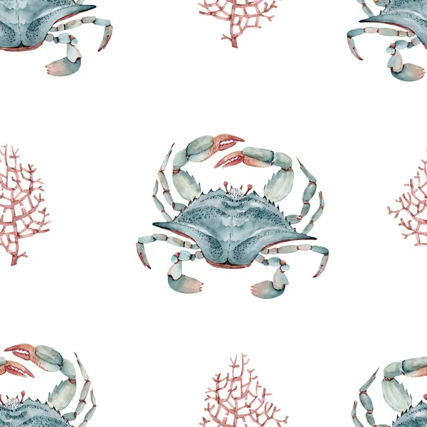 Sea Crabs Corals Seamless Pattern Watercolor Illustration White Background — Stock Photo, Image