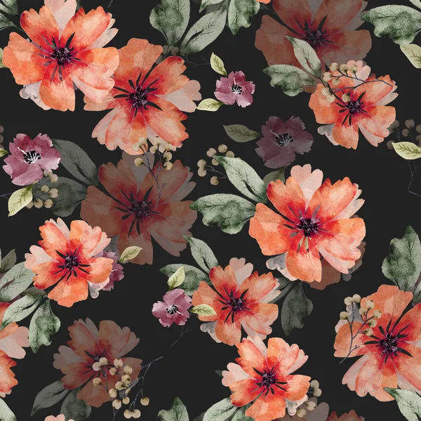 Bezešvé Květinový Vzor Červenými Květy Listy Černém Pozadí Ručně Malované — Stock fotografie
