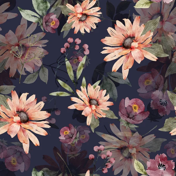 Bezešvé Květinový Vzor Růžovým Heřmánku Květiny Modrém Pozadí Ručně Malované — Stock fotografie