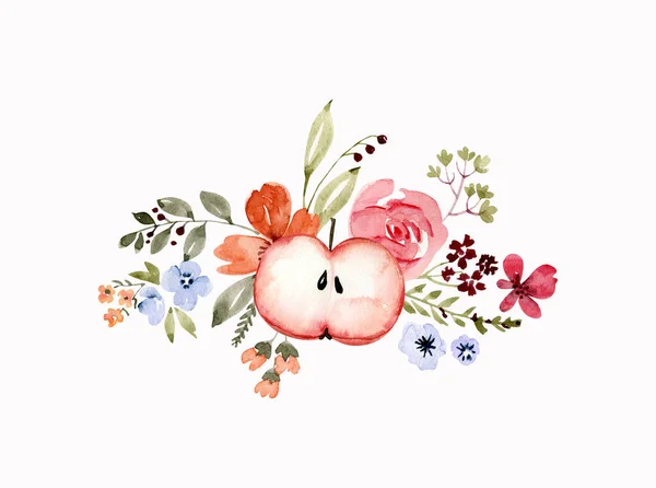Akvarell Bukett Med Blommor Och Ett Äpple Vit Bakgrund Handmålade — Stockfoto