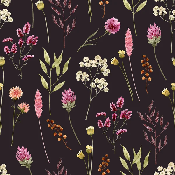 Płynny Wzór Akwarelowymi Kwiatami Liśćmi Ciemnym Tle Ręcznie Malowany — Zdjęcie stockowe