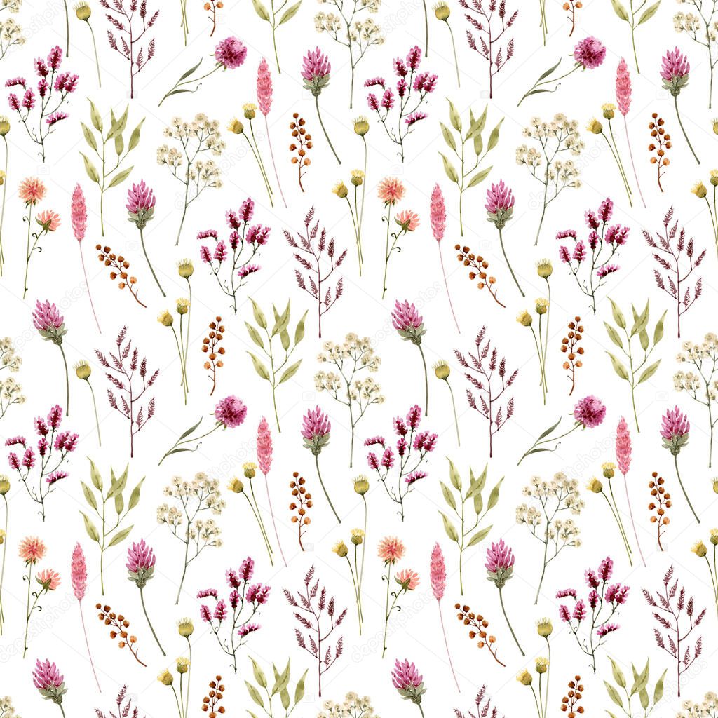 Seamless pattern with watercolor flowers and leaves on a white background, hand painted.
