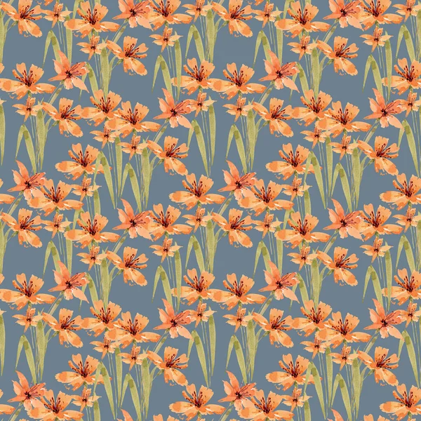 蓝底橙色百合花无缝制水彩图案 — 图库照片