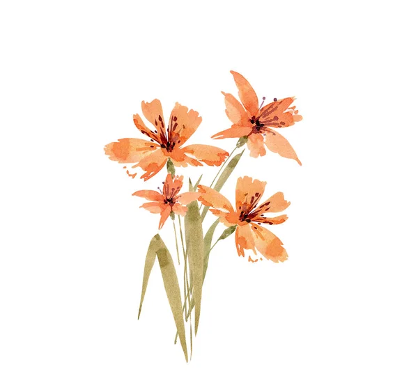 Boeket Delicate Aquarel Oranje Lelie Bloemen Met Hand Geschilderd — Stockfoto