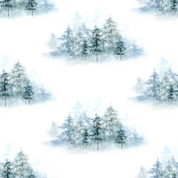 Sömlöst Mönster Med Akvarell Illustrationer Skogsträd Julgranar Vit Bakgrund Handmålade — Stockfoto