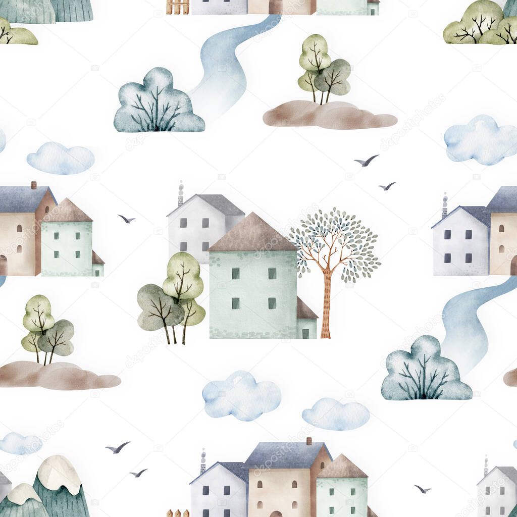 Watercolor seamless nature pattern with houses and clouds. This is an illustration for the design of a children's room and a postcard, hand-colored.