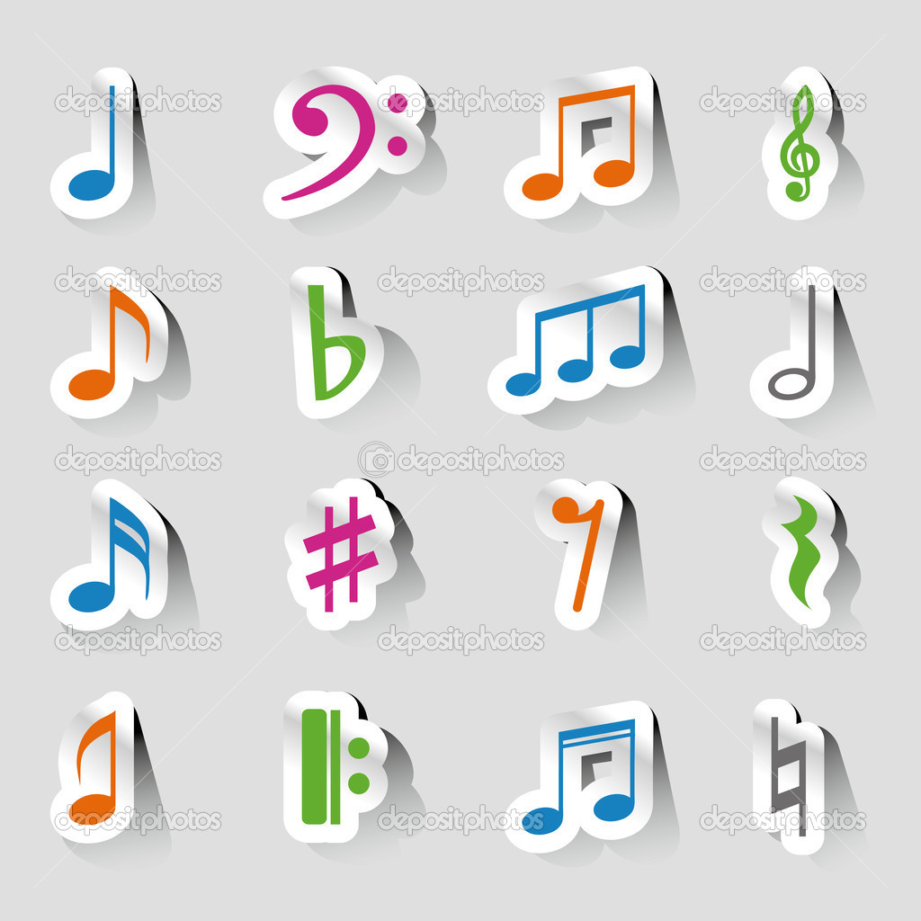Vector music note icon on sticker set.