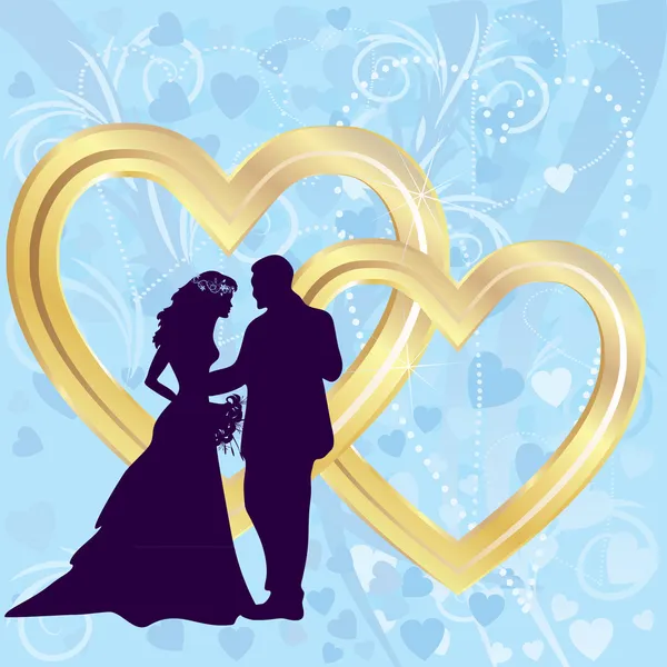 Silhouette di sposa e sposo su sfondo blu con due cuori d'oro — Vettoriale Stock