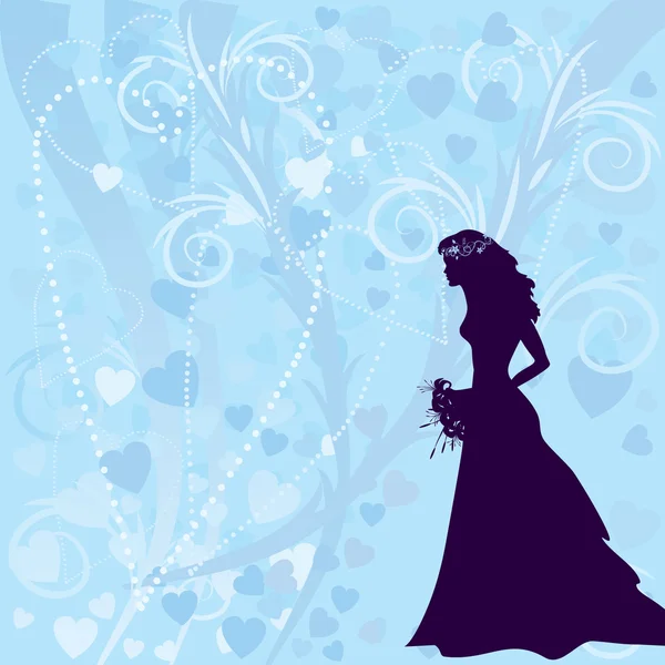 Silhouette of beautiful woman holding bouquet on a blue textured background with hearts — Stock Vector