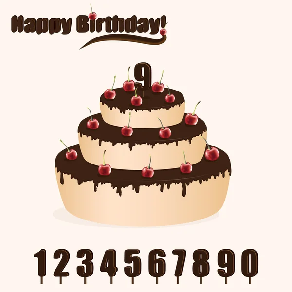 Chocolade verjaardagstaart met cherry en cijfers voor het decoreren van taart — Stockvector