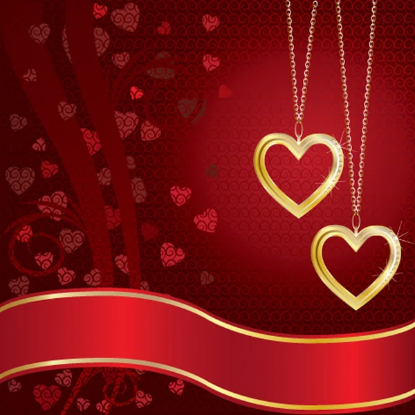 Χρυσές καρδιές σε κόκκινο φόντο με υφή με μια θέση για το κείμενό σας με μορφή κόκκινη κορδέλα — Διανυσματικό Αρχείο