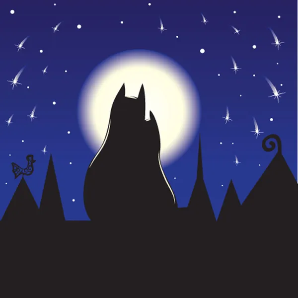 Two cats sitting on a roof at night and watching the moon and stars — Stock Vector