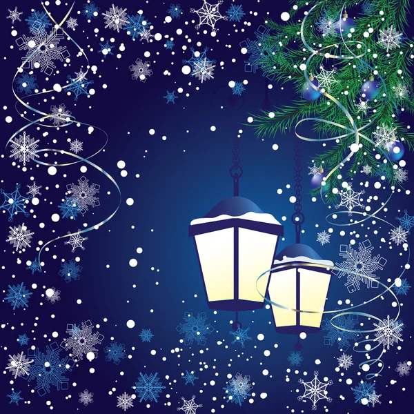 Lanternes de nouvel an avec des branches d'épinette sur un fond bleu — Image vectorielle