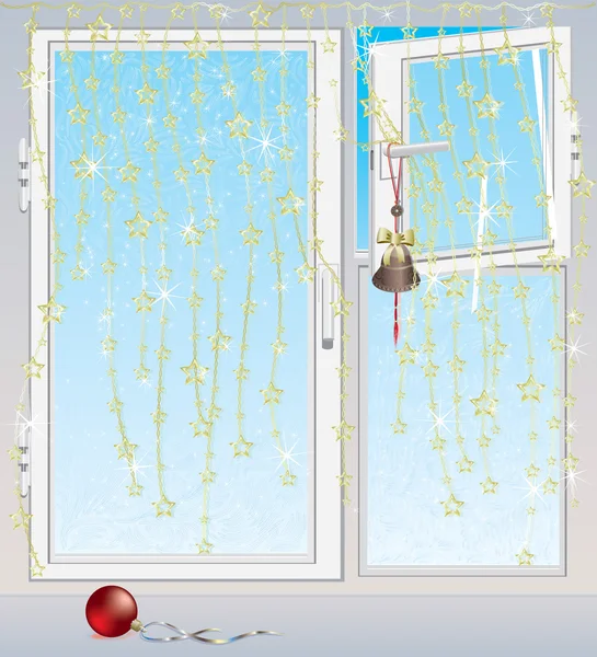 Ventana de invierno con motivos helados decorada por guirnalda con estrellas doradas — Archivo Imágenes Vectoriales