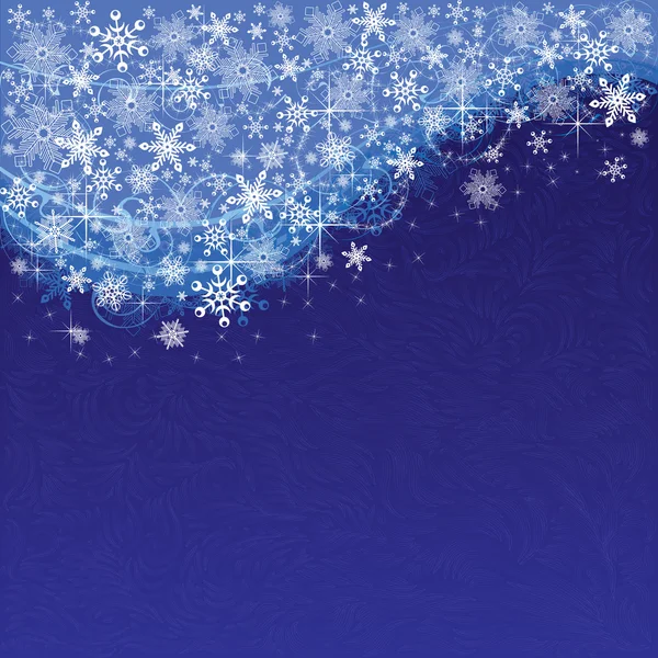 Kék háttér hópelyhek és a csillagok — Stock Vector