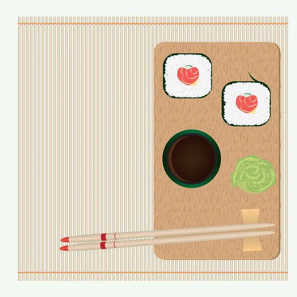 Rolls with stuffing in form of heart and chopsticks on straw cloth — Stock Vector