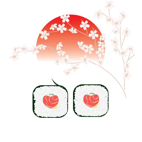 Rollo con relleno en forma de corazón y sol naciente con rama de sakura — Vector de stock