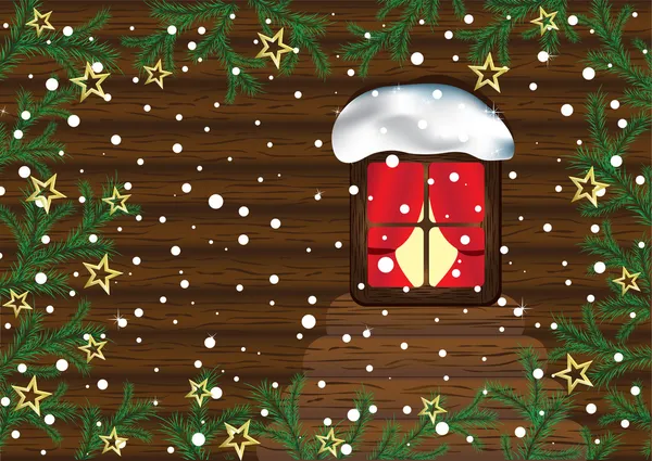 Fenêtre de Noël avec branches de spruse et étoiles dorées — Image vectorielle