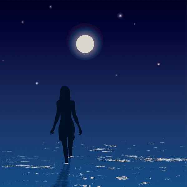 Silhouette of a young woman walking in the sea at night — Stock Vector