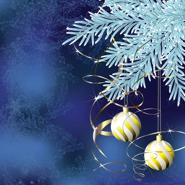 Blauwe spar tak met gouden kerstballen — Stockvector