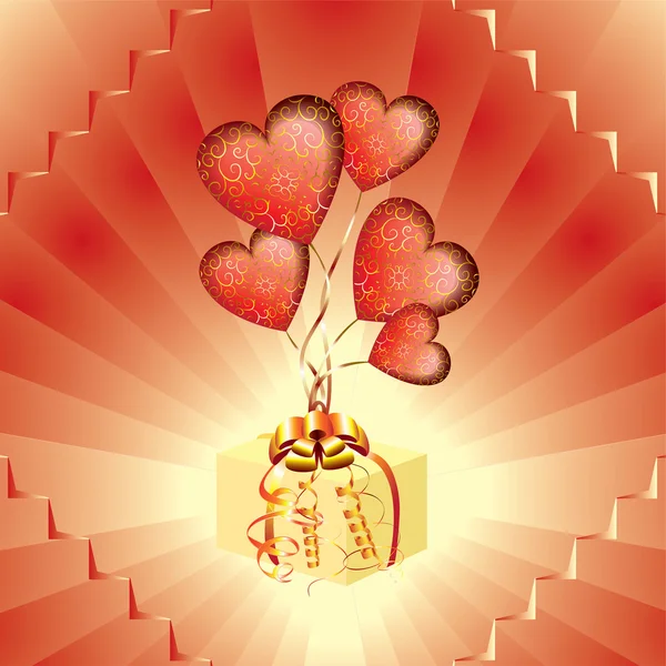 Gift with red balloons in the form of heart — Stockvector