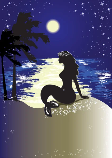 Mermaid sitting ashore at night — Stock Vector