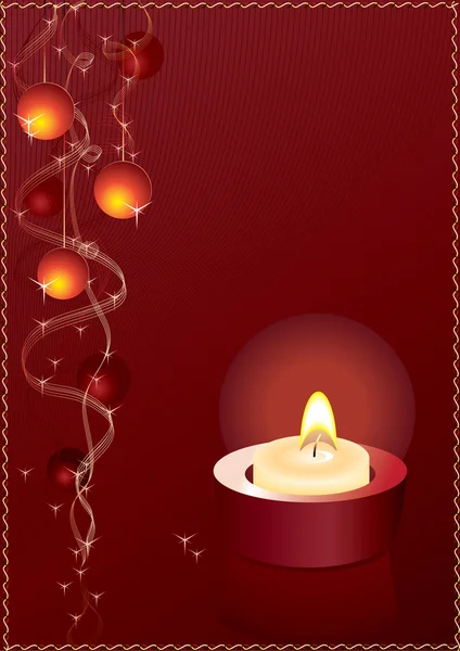 Red Christmas balls and a candle on a red background — Stock Vector