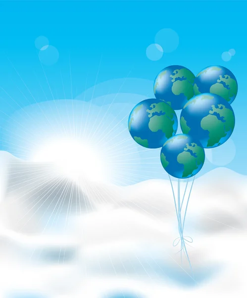 Cinco bolhas em forma de globo voando no céu ensolarado — Vetor de Stock