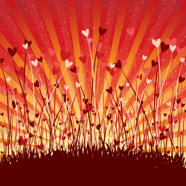 Romantic background with hearts and sun rays — Stock Vector