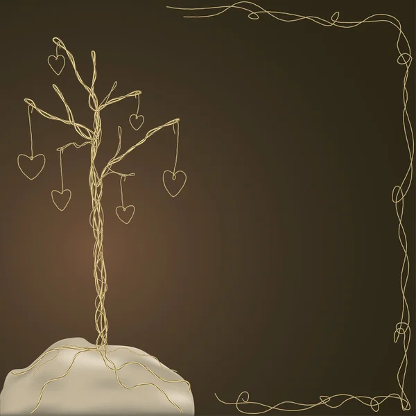 Árbol de alambre dorado decorado corazones de alambre — Vector de stock