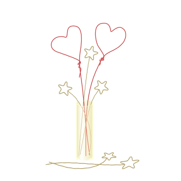 Lindos corazones de alambre y estrellas en jarrón transparente amarillo — Vector de stock