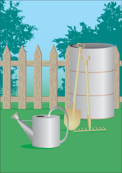 Tuin tool en houten hek Stockvector