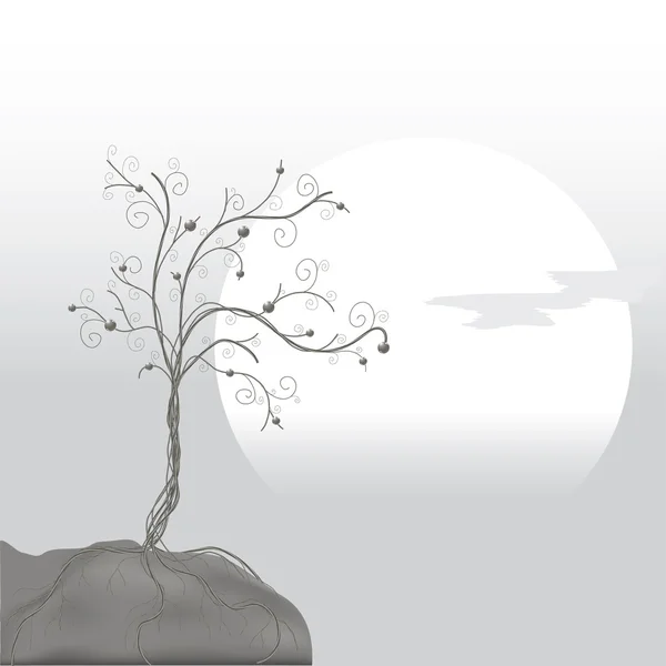 Gray tree on an edge of a rock and rising sun — Stock Vector