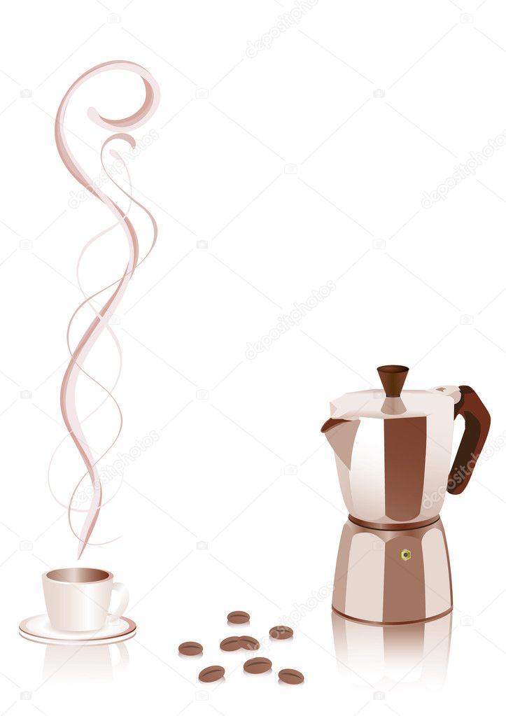 Coffee maker, a cup of coffee and coffee beans isolated on a white background