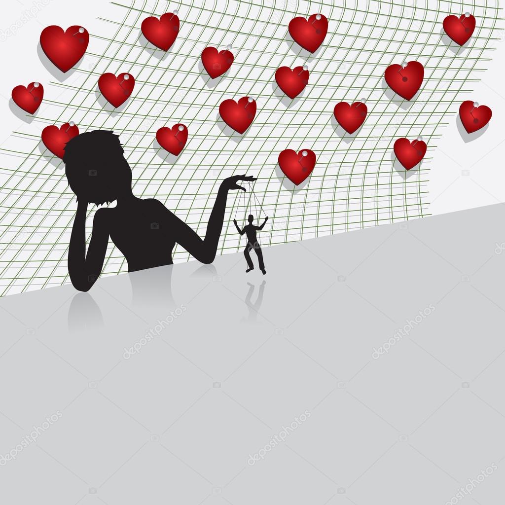 Silhouette of woman playing with man as marionette and collection of hearts on background
