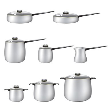 Beyaz bir arka plan üzerinde izole metal tava kümesi.