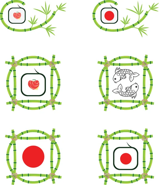 vektör logolar iki balıklar, bambu ve sushi set
