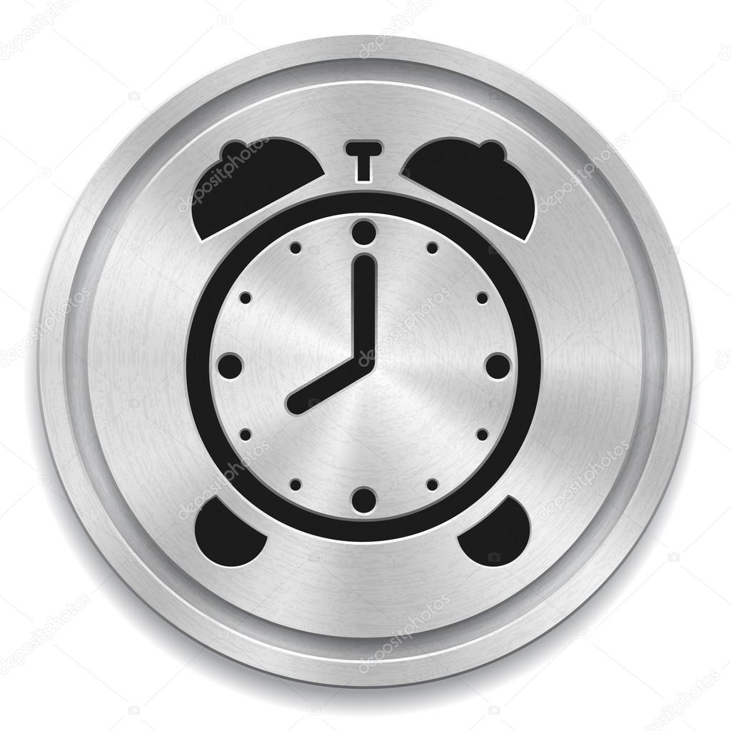 Vector illustration of metal rounded button with alarm clock sig