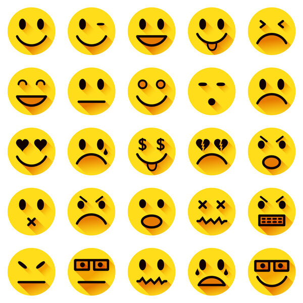 Vector icons of yellow smiley faces with long shadows