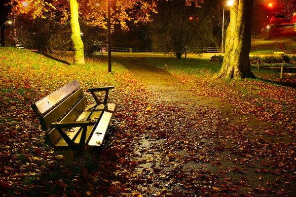 Panchina libera del parco in autunno — Foto Stock