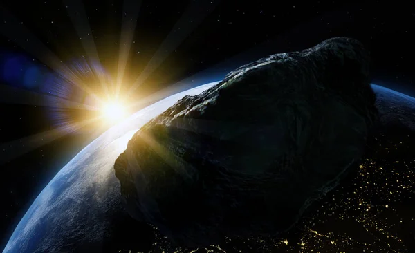 小惑星 隕石の噴出 惑星地球との衝突 ベクトルのイラスト比率 — ストック写真
