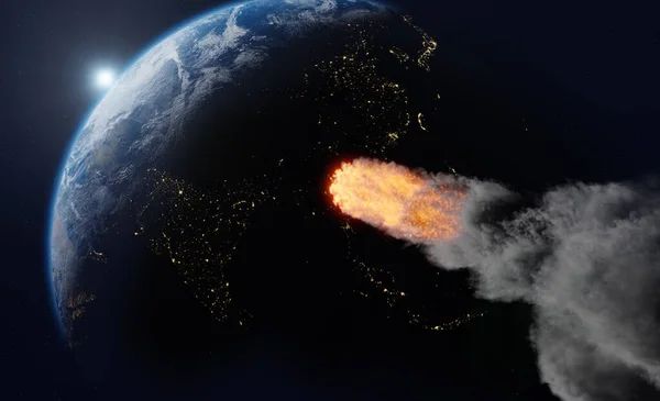 Asteroid Komet Meteorit Bersinar Tabrakan Dengan Planet Bumi — Stok Foto