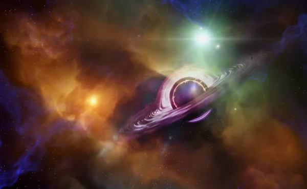 宇宙空間におけるブラックホールと星と雲の場 — ストック写真