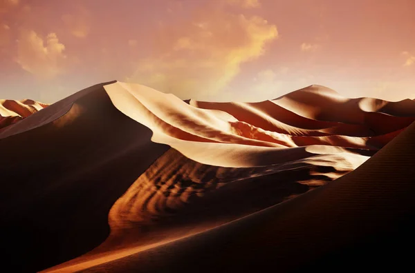 Panorama Sand Dunes Sahara Desert Sunset Endless Dunes Yellow Sand — Zdjęcie stockowe