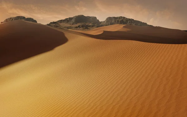 Panoráma Homokdűnék Szahara Sivatag Naplementekor Végtelen Sárga Homokdűnék Sivatagi Táj — Stock Fotó