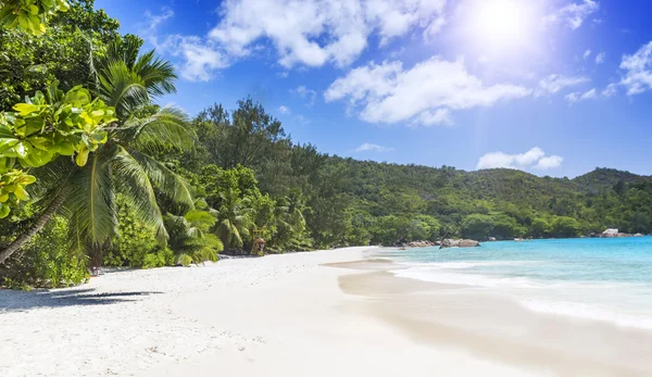 白い珊瑚の砂、紺碧の海をビーチします。セイシェル諸島. — ストック写真